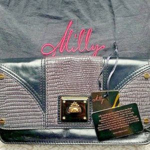 Milly Black Leather Textured Flap Clutch Evening Bag Gold Hardware Turn Key NEW